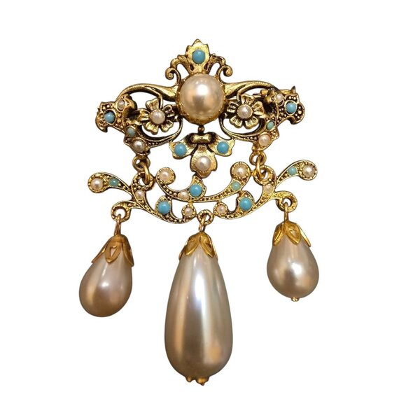 Antique Possible French Gilt Elaborate Glass Pearl Dangle Brooch Trombone Clasp - Picture 1 of 7